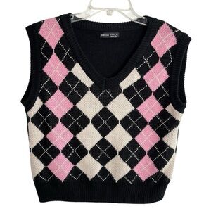 Shein Sweater Vest Argyle V Neck Womens Medium Black Pink White Academia Preppy